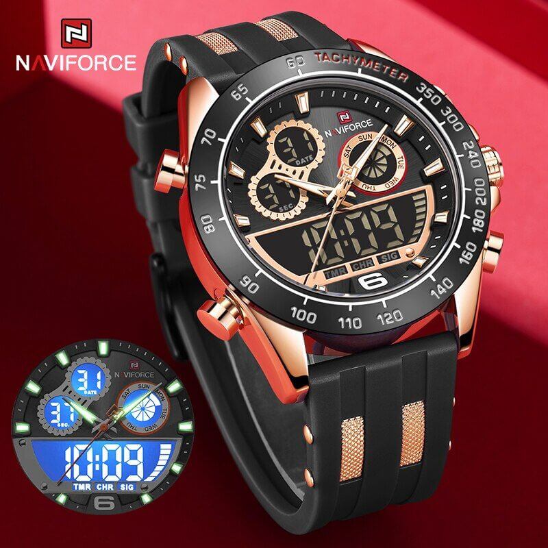 Brand name : NAVIFORCE Model number : NF9188T Movement : Quartz Water Resistance depth : 3 ATM Clasp type : Buckle Case material : Alloy Case shape : Round Dial Cover Material Type : Hardlex Item Type : Quartz Wristwatches Strap Material Type : Silicone Dial Diameter : 46 mm Case thickness : 17 mm Band width : 22 mm Band length : 21.4 cm Characteristic : Bright, Chronograph ,Full schedule Water Resistant, Alarm ,Week display