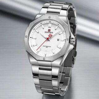 NAVIFORCE NF9200 Men's Quartz Polygon Vogue Stainless Steel Date Function Watch - Silver/White