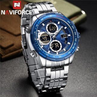 NAVIFORCE NF9197 New Men's Business Stainless Steel Day Date Function Analog Digital Wristwatch - Silver/Blue