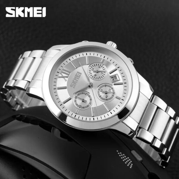 SKMEI 9097 Business Chronograph Stopwatch Date Display Stainless Steel Quartz Wristwatch For Men - Silver