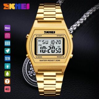 SKMEI 1328 Fashion Classic Unisex Count Down Waterproof Stainless Steel Digital LCD Alarm Clock Hours Watch Golden