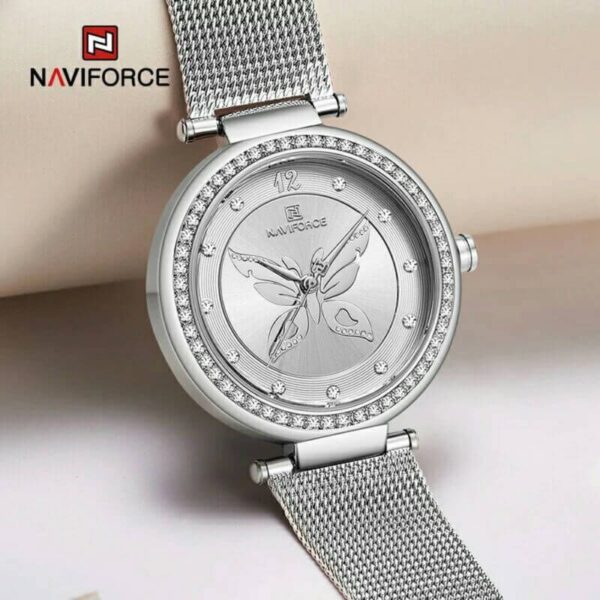 NAVIFORCE NF5018 Elegant Butterfly Pattern Diamond Stainless Steel Mesh Strap Quartz Watch For Women - Silver