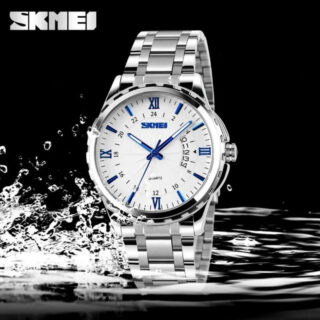 SKMEI 9069 Men Watch Business Quartz Stainless Steel Roman Numeral Index Date Display - Silver/Blue