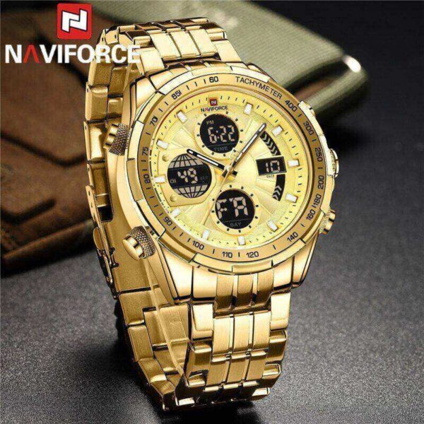 NAVIFORCE NF9197 New Men's Business Stainless Steel Day Date Function Analog Digital Wristwatch - Golden