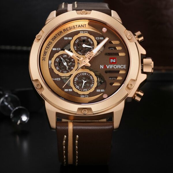 NAVIFORCE NF9110 Luxury Chronograph Analog Quartz Leather Casual Watch For Men - Golden/Brown