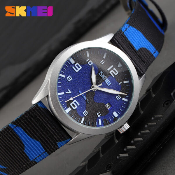 SKMEI 9246 Men Watch Automatic Mechanical Hollow Dial Luminous Nylon Strap Date Display - Camuoflage Blue/Silver