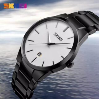 SKMEI 9140 Men's Business Stainless Steel Date Display Ultra Thin Quartz Watch - Black/White