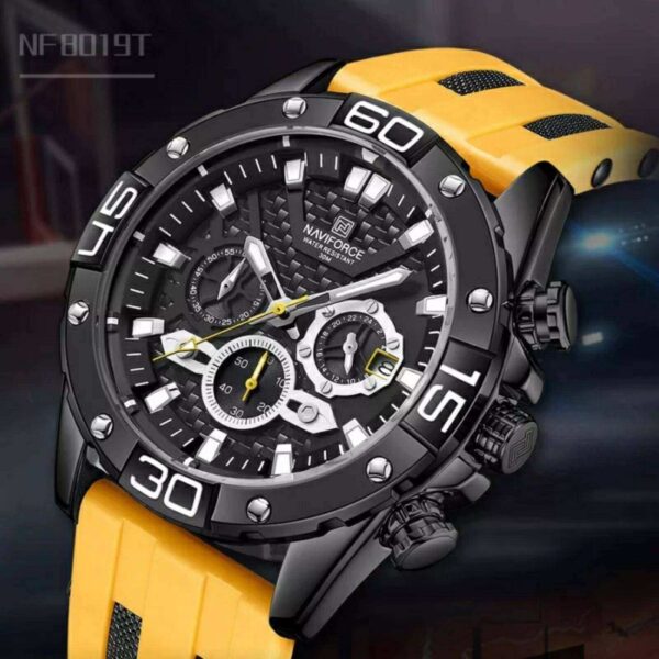 NAVIFORCE NF8019T Men's Multifunction Luminous Silicone Strap Chronograph Quartz Watch - Black/Yellow