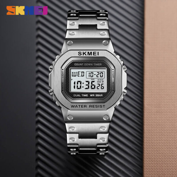 SKMEI 1456 Men's Stainless Steel Countdown Time Zone Waterproof LED Electronic Digital watch - Silver
