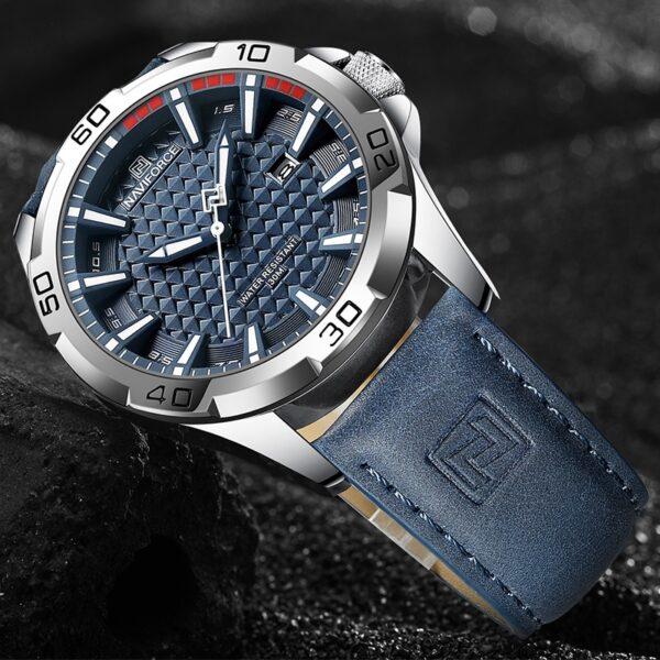 NaviForce NF8023 Men's Classic Date Display Luminous Quartz Leather Strap Watch - Silver/Blue