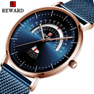 REWARD RD62007 Top Brand Luxury Business Date Week Display Stainless Steel Mesh Quartz Watch For Men - Blue