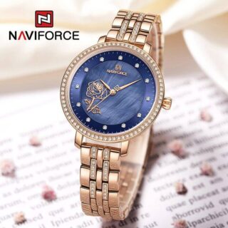 NAVIFORCE NF5017 Casual Diamond Surrounded Stainless Steel Rose Relief Watch For Women -RoseGold/Blue