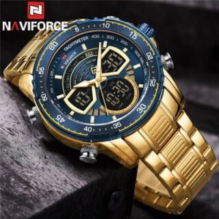 NAVIFORCE NF9189 Stainless Steel Dual Movement Digital Analog Dark Night Display Quartz Watch For Men - Golden