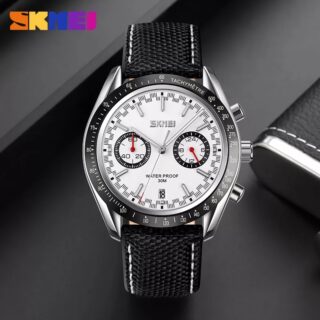 SKMEI 9292 Business Chronograph Date Function Leather Strap Quartz Wristwatch For Men - White/Black