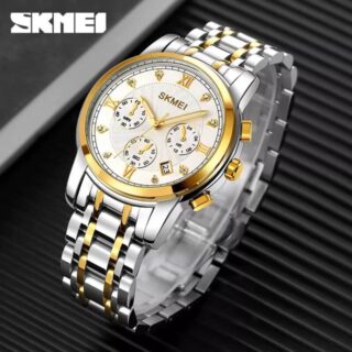 SKMEI 1904 Men's Business Chronograph Quartz Movement Date Display Diamond Stainless Steel Wristwatch - Silver