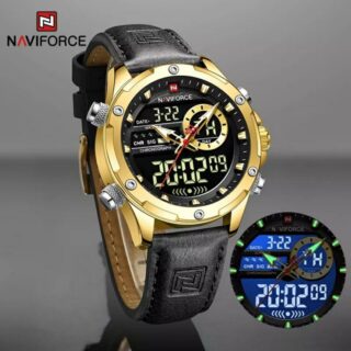 NaviForce NF9208 Men's Dual Display LCD Leather Strap Complete Calendar Wristwatch - Golden/Black