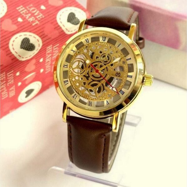 Golden/Brown Roman Skeleton Dial Analog Watch For Men - Brown