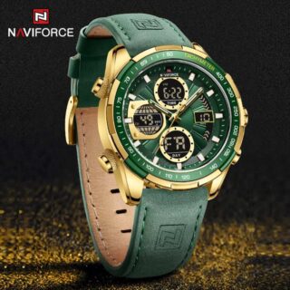 NAVIFORCE NF9197 Men's Business Day Date Function Analog Digital Leather Strap Wristwatch - Gold/Green
