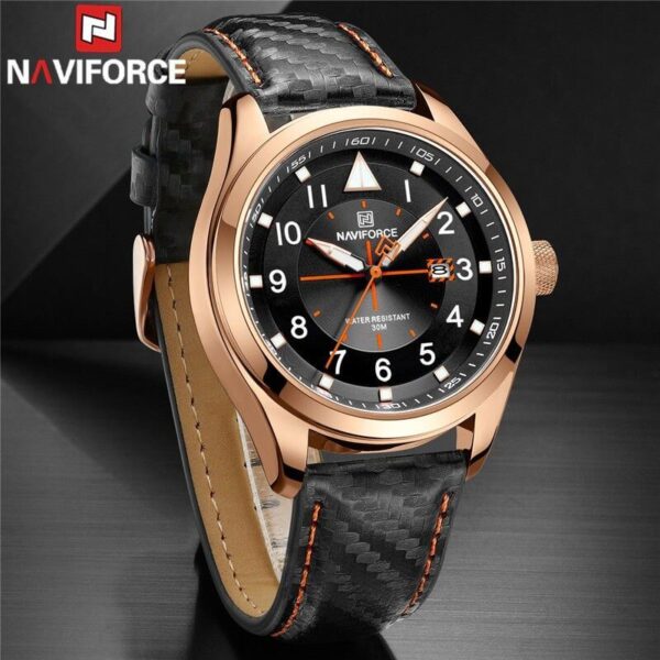 NaviForce NF8022 Men's Date Function Casual Leather Strap With Luminous Quartz Watch - Black/Oragne