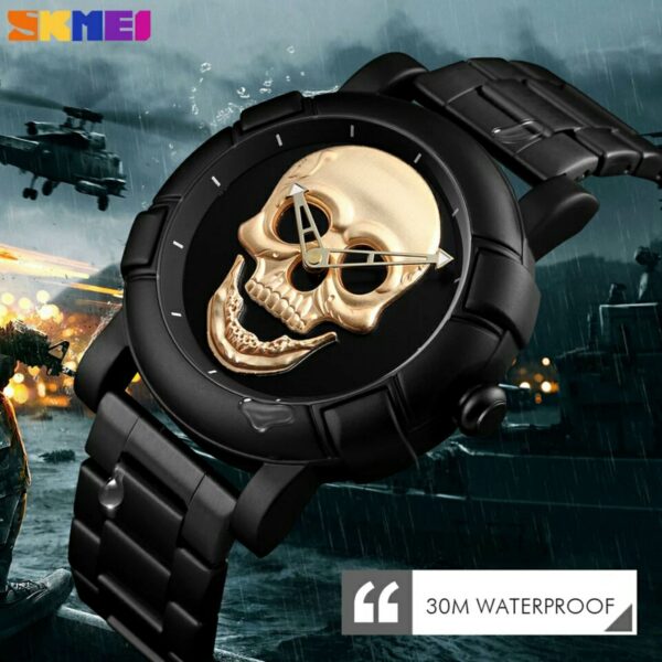 SKMEI 9178 Men Fashion Skull Creative Stainless Steel Waterproof Quartz Wrist Watch - Black/Golden