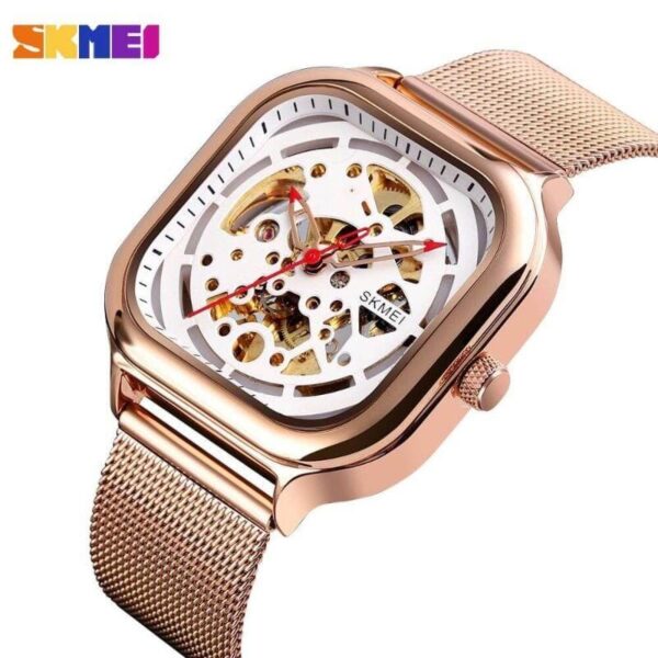 Skmei 9184 Mechanical Square Dial Stainless Steel Watch For Men - White/Rosegold