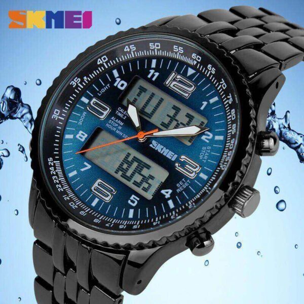 Skmei 1032 LED Dual Display Alarm Chrono Calendar WaterproofFull Stainless Steel Watch For Men - Black/Blue