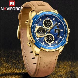 NAVIFORCE NF9197 Men's Business Day Date Function Analog Digital Leather Strap Wristwatch - Blue/Golden