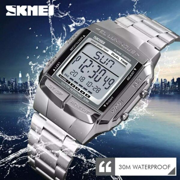 SKMEI 1381 Luxury Electronic LED Digital Military Multifunction Stainless Steel Watch For Men - Silver