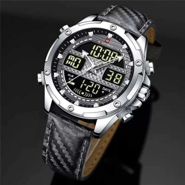 NaviForce NF9194 Multifunction Digital Analog LCD Leather Strap Complete Calendar Wristwatch For Men - Grey