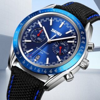 SKMEI 9292 Business Chronograph Date Function Leather Strap Quartz Wristwatch For Men - Blue/Black