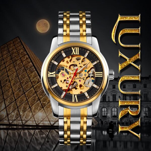 SKMEI 9222 Men Watch Business Skeleton Hollow Mechanical Automatic Stainless Steel - Golden/Black