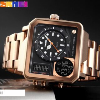 SKMEi 1392 Multifunction Digital Analog Square Stainless Steel Fashion Watch For Men - RoseGold