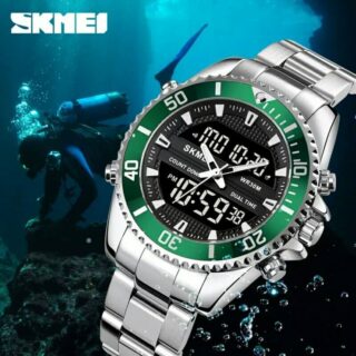 SKMEI 1850 Multifunction 3Time Analog Digital Stainless Steel watch For Men - Silver/Green