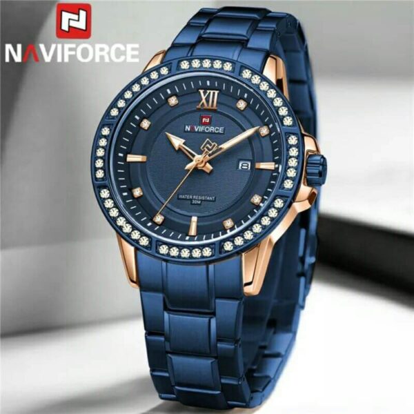 NAVIFORCE NF9187 Diamond Surrounded Date Function Stainless Steel Quartz Watches For Men - Blue/RoseGold