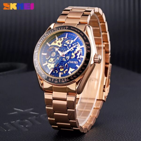 SKMEI 9194 Automatic Stainless Steel Luminous Hollow Mechanical Wristwatch For Men - RoseGold