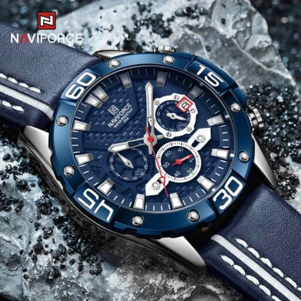 NAVIFORCE NF8019 Men Watch Multifunction Luminous Chronograph Leather Strap Quartz - Blue/Silver