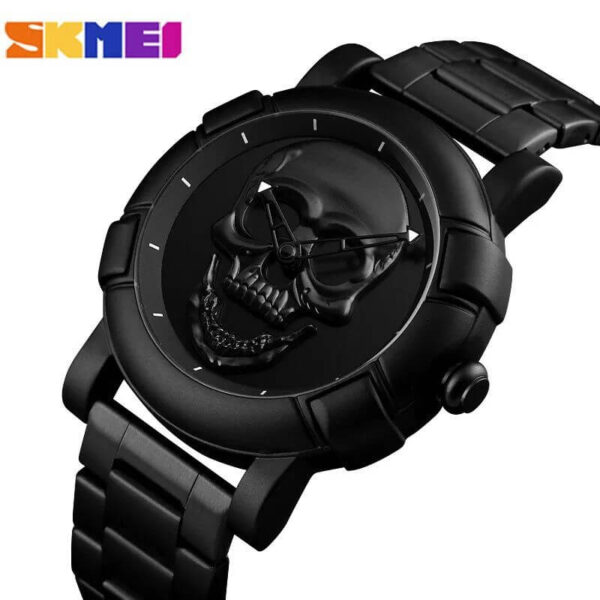 SKMEI 9178 Men Fashion Skull Creative Stainless Steel Waterproof Quartz Wrist Watch - Black