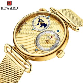 REWARD RD62002 Stainless Steel Mesh Strap New Double Movement Men's Quartz Wristwatch - Golden