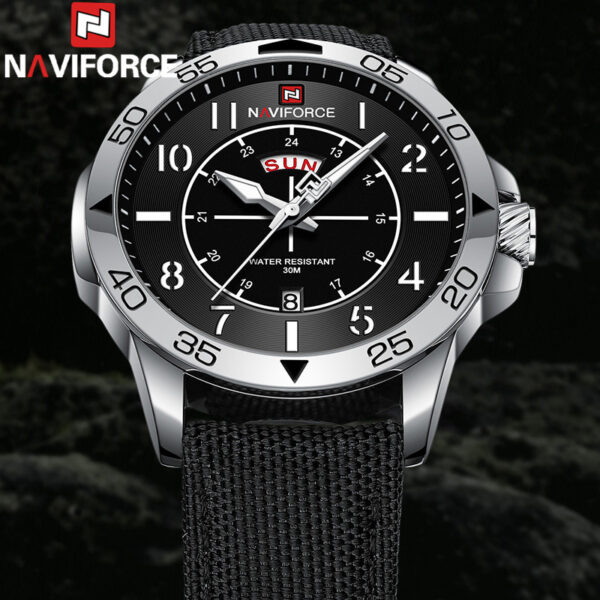 NaviForce NF9204 Stylish Day Date Display Nylon Strap Watch For Men -Black/Silver