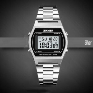 SKMEI 1328 Fashion Classic Unisex Count Down Waterproof Stainless Steel Digital LCD Alarm Clock Hours Watch - Silver