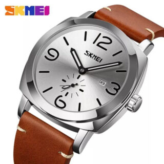 SKMEI 9305 Men's Casual Date Function Leather Strap Quartz Wristwatch - Brown/Silver