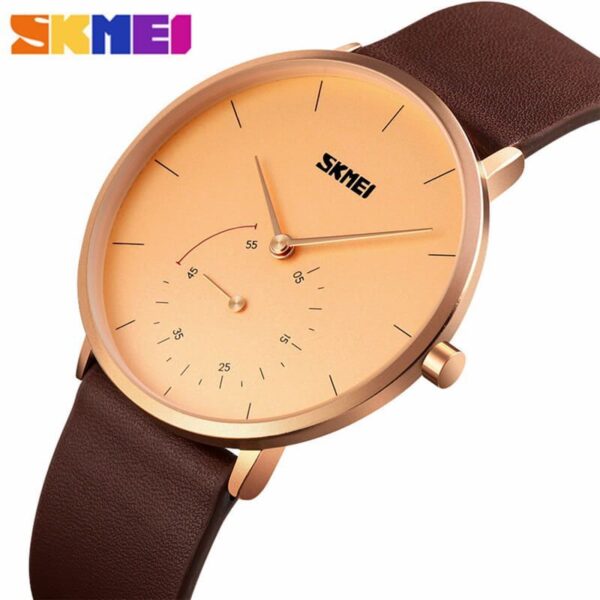 SKMEI 9213 Minimalist quartz Classic Leather Watch For Men - Rosegold/Brown