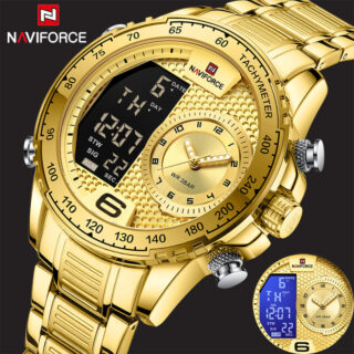 NAVIFORCE NF9199 Double Display LCD Chronograph Stainless Steel Wristwatch For Men - Golden