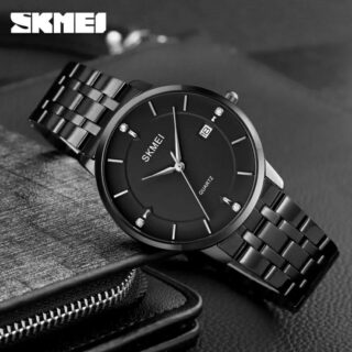 SKMEI 1801 Men's Business Calendar Stainless Steel Classic Diamond Quartz Watch - Black