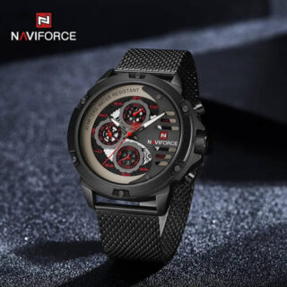 NaviForce NF9110 Luxury Chronograph Analog Quartz Mesh Stainless Steel Casual Watch For Men - Black/Red