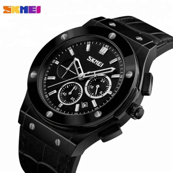 SKMEI 9157 Men Watch Multifunctional Business Edition Chronograph Date Display Leather Strap - Black