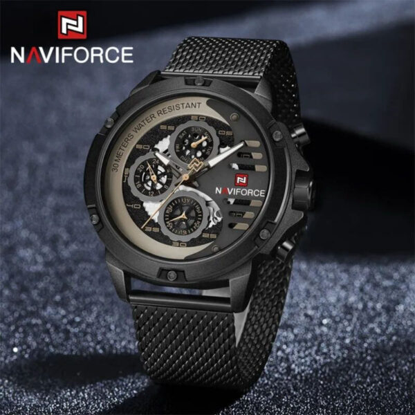 NaviForce NF9110 Luxury Chronograph Analog Quartz Mesh Stainless Steel Casual Watch For Men - Black