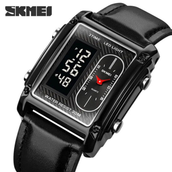 SKMEI 1868 Men Casual Rectangle Dial Digital Analog Luminous Leather Strap Stopwatch - Black