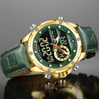 NaviForce NF9208 Men's Dual Display LCD Leather Strap Complete Calendar Wristwatch - Golden/Green