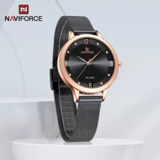 NaviForce NF5023 Women's Fashion Glittery Dial Shine Stainless Steel Mesh Quartz Wristwatch - Black/RoseGold